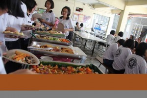 All members were having buffet in the canteen.